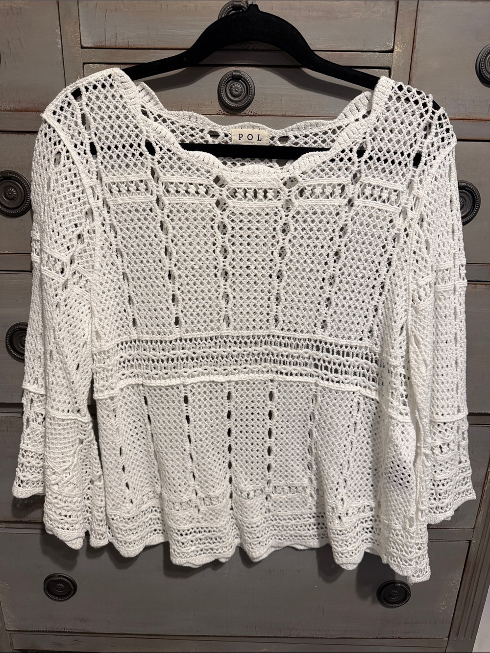 POL White Crochet-Knit Women's Pullover Sweater